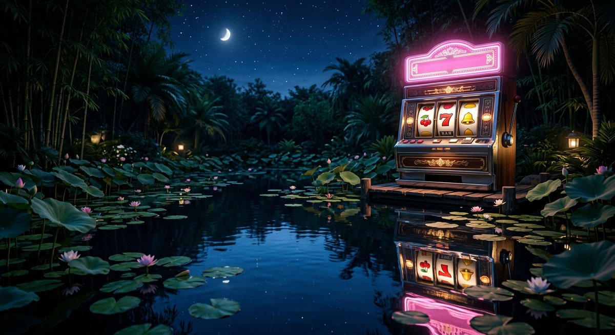 Kabinet mesin slot menyala dengan pantulan bunga teratai di kolam air malam yang tenang
