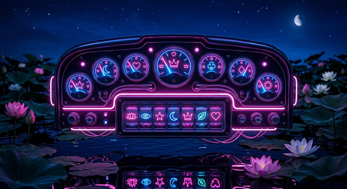 Panel dasbor neon dengan jarum penunjuk berbentuk angka tujuh di atas kolam teratai gelap dengan pantulan merah muda